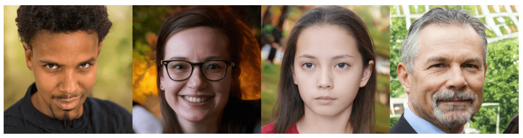 Image represents a horizontal arrangement of four headshots, each depicting a different individual.  The images are presented side-by-side, with no visible connections or information flow between them.  From left to right, the first headshot shows a dark-haired man with a serious expression, wearing a dark-colored shirt. The second shows a woman with shoulder-length brown hair, wearing glasses, and smiling. The third shows a young woman with long dark hair, wearing a red shirt, and exhibiting a neutral expression. The fourth headshot depicts a man with graying hair and a goatee, wearing a dark suit and light blue shirt, with a slightly smiling expression.  There are no labels, text, URLs, or parameters associated with any of the images or their arrangement.  The images appear to be simply a collection of individual portraits.