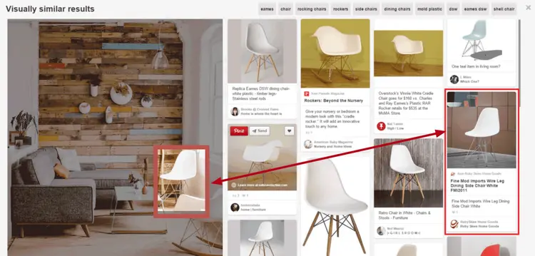 Image represents a Pinterest-like webpage displaying visually similar results for a search query (likely related to chairs).  The main area shows a grid of image cards, each featuring a picture of a chair, a short description, source information (e.g., 'from Parents Magazine,' 'Ruby Skies Home Goods'), and sometimes pricing or retailer details.  A red arrow highlights a specific image card showing a white chair, linking it to other similar results.  The top of the page displays search filters ('eames,' 'chair,' 'rocking chairs,' etc.), allowing users to refine their search.  Individual image cards contain details like the chair's description ('Replica Eames DSW dining chair - white plastic'), source website URLs ('Learn more at naturaselection.com'), and user-generated content (e.g., comments, 'Which One?').  The left side shows a larger image of a room's interior, possibly containing a similar chair, suggesting a context for the search.  The overall arrangement suggests a visual search engine result page, where images are clustered based on visual similarity, with metadata providing additional context and information.