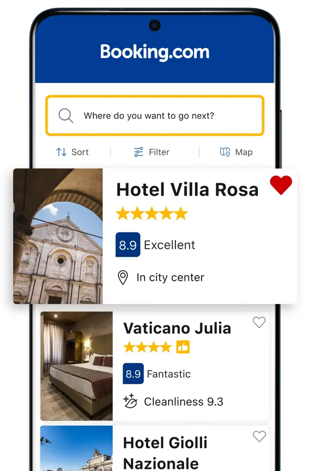 Image represents a mobile phone screen displaying the Booking.com website.  At the top, a blue header shows 'Booking.com' prominently. Below, a search bar prompts 'Where do you want to go next?'.  Beneath the search bar are three horizontally aligned buttons: 'Sort,' 'Filter,' and 'Map,' each with corresponding icons. The main content area displays a list of hotels. Each hotel entry includes a small image, the hotel name (e.g., 'Hotel Villa Rosa'), a star rating (five stars in this case), a numerical rating (e.g., '8.9'), a descriptive adjective (e.g., 'Excellent'), and additional details like location ('In city center') or specific features ('Cleanliness 9.3').  A heart icon appears next to each hotel entry, presumably for saving favorites.  The hotels are listed vertically, one after another, with each hotel's information presented in a consistent format.  No URLs or specific parameters are visible beyond the website's domain name.