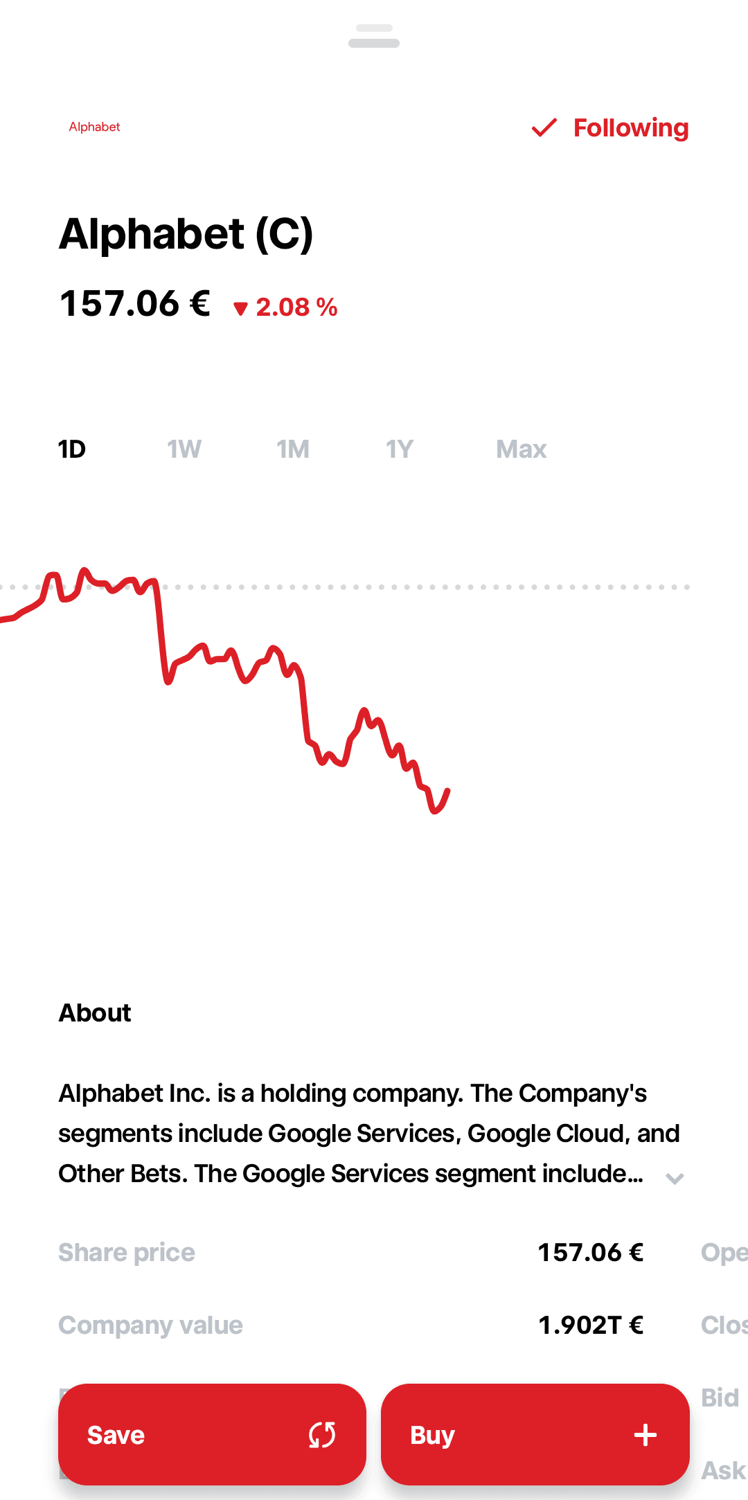Image represents a mobile application screen displaying real-time stock information for Alphabet (C).  At the top, a menu icon (three horizontal lines) is present, along with a 'Following' indicator (a checkmark) suggesting the user is tracking this stock. Below, the company name 'Alphabet (C)' is prominently displayed, followed by its current share price ('157.06 €') and a percentage change ('-2.08%') indicated in red, signifying a price decrease. A line graph immediately follows, showing the stock's price fluctuation over different time periods (1D, 1W, 1M, 1Y, Max), selectable by the user.  Below the graph, a 'About' section provides a brief description of Alphabet Inc. as a holding company, listing its main segments (Google Services, Google Cloud, Other Bets), with an expandable section for more details. Further down, the 'Share price' (157.06 €) and 'Company value' (1.902T €) are shown. Finally, at the bottom, three interactive buttons are presented: 'Save' (presumably to save the stock to a watchlist), a refresh button (a circular arrow), and 'Buy' (to initiate a purchase), accompanied by a plus icon suggesting adding to an existing order.  The overall layout is clean and intuitive, providing a concise overview of Alphabet's stock performance and relevant information.