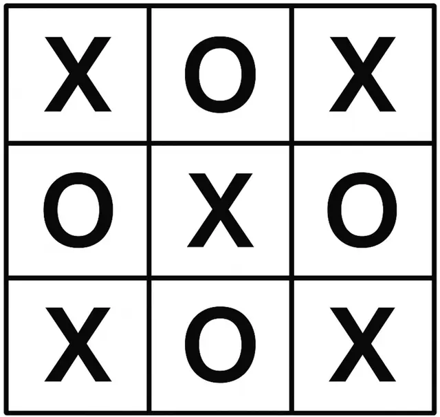 Image represents a 3x3 tic-tac-toe board showing a completed game.  The board is composed of nine equal-sized squares arranged in a three-by-three grid, delineated by thick black lines. Each square contains either a bold, uppercase 'X' or a bold, uppercase 'O,' representing the moves of the two players. The arrangement of the symbols shows that 'X' has won the game, having three 'X's in a diagonal line from the top-left to the bottom-right.  There is no other information, such as URLs or parameters, present in the image; it solely depicts the final state of a tic-tac-toe game.