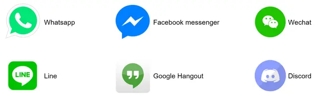 Image represents a collection of five popular messaging application logos, each displayed with its corresponding name.  The logos are arranged in two rows, with three in the top row and two in the bottom row.  The top row features, from left to right: a green speech bubble containing a white telephone icon labeled 'Whatsapp,' a blue speech bubble with a white lightning bolt icon labeled 'Facebook messenger,' and a green circle with two white speech bubble icons labeled 'Wechat.' The bottom row shows, from left to right: a green square with a white speech bubble containing the text 'LINE' labeled 'Line,' and a light purple circle with a white stylized face icon labeled 'Discord.'  There are no connections or information flow depicted between the logos; they are simply presented as individual entities.  The arrangement suggests a comparison or overview of different messaging platforms.