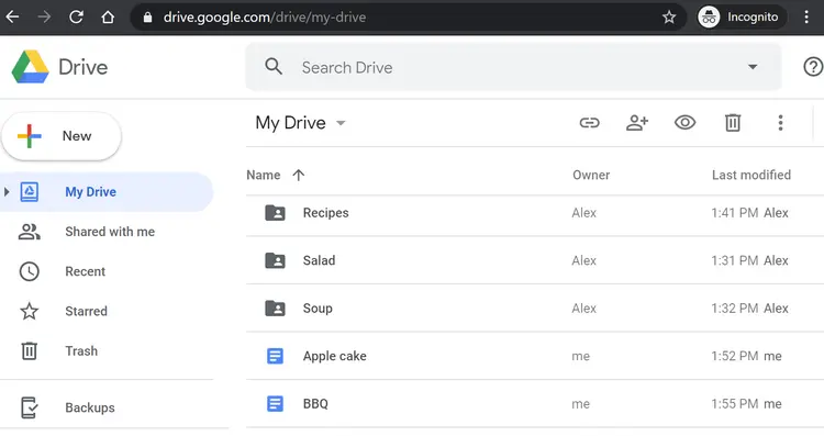 Image represents a Google Drive interface displayed in an Incognito browser window.  The top displays the URL drive.google.com/drive/my-drive within the address bar, along with standard browser controls.  Below, the Google Drive logo and title are shown, followed by a 'New' button with a plus icon. A left-hand navigation pane lists options: 'My Drive' (selected), 'Shared with me,' 'Recent,' 'Starred,' 'Trash,' and 'Backups,' each accompanied by a relevant icon. The main area displays a list of files and folders within 'My Drive,' sorted by name in ascending order (indicated by an upward-pointing arrow). Each entry shows the file/folder name (e.g., 'Recipes,' 'Salad,' 'Apple cake'), the owner ('Alex' or 'me'), and the last modified timestamp (e.g., '1:41 PM Alex').  File types are visually distinguished by icons: folders are represented by folder icons with a person icon inside, while documents are represented by a list icon.  At the top right of the main area, icons for sharing, adding collaborators, viewing, deleting, and more options are present.  The browser's Incognito mode is indicated in the top right corner.