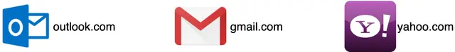 Image represents three distinct email service providers displayed side-by-side.  The leftmost shows the Outlook.com logo, a stylized blue square with a white circle and an envelope icon partially overlaid, followed by the text 'outlook.com'.  The center depicts the Gmail logo, a red and white envelope icon, accompanied by the text 'gmail.com'. Finally, on the right, a purple square logo featuring a white 'Y!' is presented, followed by the text 'yahoo.com'.  There are no connections or information flow depicted between the three logos; they are simply presented as independent representations of different email platforms.