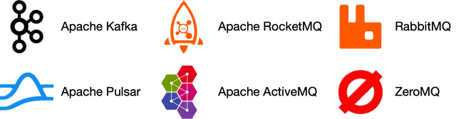 Image represents a collection of logos, seemingly representing different technologies or services relevant to system design, arranged in a two-row, five-column grid.  The top row features, from left to right: a blue logo resembling interconnected circles (possibly representing a network or distributed system), an orange rocket logo with a skull and crossbones inside (potentially symbolizing a fast, potentially risky, deployment or process), and an orange logo resembling a stylized rabbit or similar creature (possibly representing a messaging queue or a fast processing system). The bottom row displays, from left to right: a light blue wave-like logo (possibly representing a database or data flow), and a cluster of interconnected hexagons in various colors (likely representing microservices or a modular system architecture), and a red circle with a diagonal slash through it (representing a stop or cancellation).  There are no explicit connections or information flow lines drawn between the logos; their arrangement suggests a conceptual relationship rather than a direct technical interaction.
