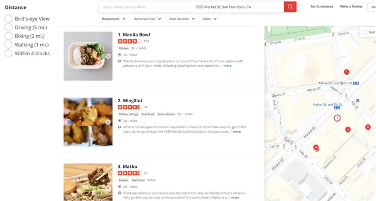 Image represents a search result page, likely from a location-based service like Google Maps or Yelp.  The top displays a search bar containing the query 'tacos, cheap dinner, Max's' and the location '1355 Market St, San Francisco, CA'. Below, a horizontal navigation bar offers options for 'Restaurants,' 'Home Services,' 'Auto Services,' and 'More.'  The left side presents a filter for distance, with radio buttons for 'Bird's-eye View,' 'Driving (5 mi.),' 'Biking (2 mi.),' 'Walking (1 mi.),' and 'Within 4 blocks.' The central area shows three restaurant listings (Manila Bowl, WingSlut, Matko), each with a picture, star rating, cuisine type, price range, neighborhood (SoMa), distance (0.01 miles), and a snippet of a user review with a 'more' link for full review.  Each restaurant listing also has a small map icon indicating its location.  The right side shows a map of the San Francisco area centered around 1355 Market St, with numbered markers corresponding to locations, likely the restaurants listed, and street names clearly visible.  The map includes visual cues like traffic lights and public transportation symbols.  The overall arrangement is a typical search results layout, combining textual information with visual aids (images and a map) to present relevant information to the user.