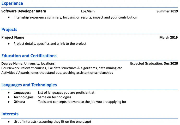 Image represents a structured template for a tech resume, organized into distinct sections separated by blue horizontal lines.  The top section, 'Experience,' details a 'Software Developer Intern' role at 'LogMeIn' during 'Summer 2019,' with a bullet point indicating space for a summary of the internship experience emphasizing results, impact, and contributions.  Below, 'Projects' lists a 'Project Name' followed by a bullet point suggesting inclusion of project details, specifics, and a project link, with a date of 'March 2019.'  The 'Education and Certifications' section requests the 'Degree Name, University, locations,' followed by space for 'Coursework' (listing relevant courses like data structures and algorithms), and 'Activities/Awards.'  The 'Languages and Technologies' section provides bullet points for listing 'Languages,' 'Technologies,' and 'Others' (tools and concepts relevant to the job). Finally, the 'Interests' section offers space for a list of interests.  Each section is clearly labeled, and the overall structure is designed for concise and impactful presentation of the candidate's qualifications.
