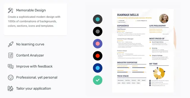 Image represents a tech resume template showcasing its features alongside a sample resume for Hannah Mills.  On the left, five key features are listed with icons: 'Memorable Design' (a magic wand icon) describes a template with thousands of customizable options; 'No learning curve' (a rocket icon) highlights ease of use; 'Content Analyzer' (a document icon) indicates a feature to optimize content; 'Improve with feedback' (a speech bubble icon) promises iterative improvement; and 'Professional, yet personal' (a smiley face icon) emphasizes the balance of formality and personality.  'Tailor your application' (a ruler and pencil icon) suggests customization. To the right, a sample resume displays Hannah Mills' contact information, a professional headshot, a 'Life Philosophy' section quoting Muhammad Ali, and an 'Experience' section detailing her roles at Altalife Limited, Sunrise HLP, and C Lab Services, each with dates, locations, and bullet points describing responsibilities.  An 'Industry Expertise' section shows her skills in Project Management, Organization, Operations, and Leadership using a bar graph. A 'Most Proud Of' section highlights achievements in record project delivery, mentoring, and tackling challenges.  A 'My Time' section uses a pie chart to illustrate time allocation. Finally, a 'Tech Stack' section lists various technologies (Zoho Sprints, UserVoice, Intercom, etc.) she's proficient in.  Five colored circles, visually connecting to the experience section, likely represent different projects or roles.  The overall arrangement is clean and visually appealing, demonstrating the template's features through a practical example.