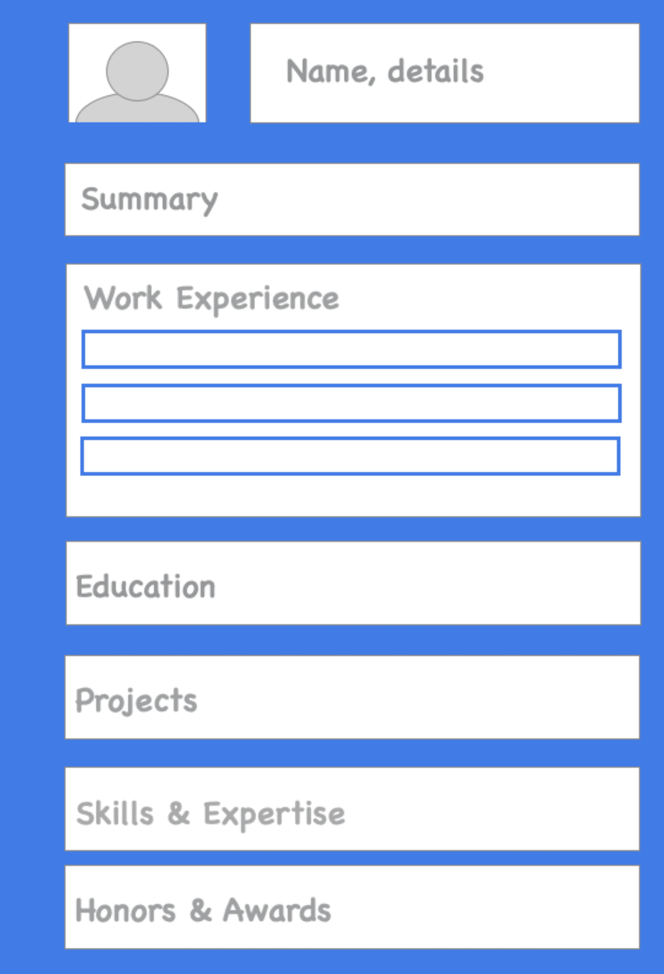 Image represents a template for a tech resume, displayed on a solid light-blue background.  At the top, a gray placeholder icon representing a person is positioned to the left of a text input field labeled 'Name, details'. Below this, a text input field is labeled 'Summary'.  Further down, a section titled 'Work Experience' contains three consecutive, identical, empty text input fields, presumably for listing multiple work experiences.  Following this, there are individual text input fields for 'Education', 'Projects', 'Skills & Expertise', and 'Honors & Awards', each stacked vertically below the previous one.  All text input fields are rectangular with light-gray backgrounds and light-blue borders, suggesting areas to be filled with relevant information. The overall arrangement is linear and sequential, guiding the user to fill in personal information, followed by professional experience and achievements.  No URLs or parameters are visible.