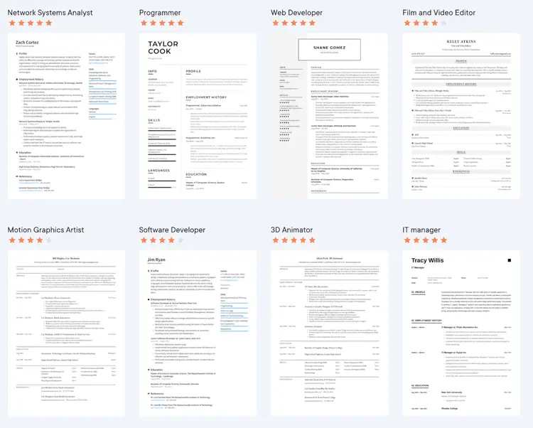 Image represents a collage of eight different resumes, each showcasing a distinct professional profile.  The resumes are arranged in a grid of two rows and four columns. Each resume is clearly labeled at the top with the job title (e.g., 'Network Systems Analyst,' 'Programmer,' 'Web Developer,' 'Film and Video Editor,' 'Motion Graphics Artist,' 'Software Developer,' '3D Animator,' 'IT Manager') and is further identified by a candidate's name (e.g., Zach Cortez, Taylor Cook, Shane Gomez).  Each resume follows a consistent structure, including sections for 'Profile,' 'Employment History,' 'Education,' 'Skills,' 'Languages,' and 'References.'  Within each section, specific details are provided, such as job titles, company names, dates of employment, educational institutions attended, skills possessed, and contact information for references.  The information is presented in a clear and organized manner, with bullet points used to list key responsibilities and accomplishments.  There is no direct information flow between the resumes; they are presented independently as examples of effective resume formats.  Contact information, including email addresses and phone numbers, is visible for each candidate.  The resumes use a consistent visual style, with a clean and professional layout.  A star rating (ranging from one to five stars) is displayed above each resume, presumably indicating a level of quality or ranking.